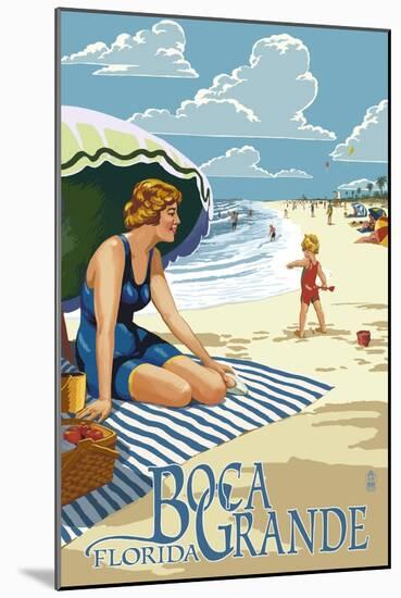 Boca Grande, Florida - Woman and Beach Scene-Lantern Press-Mounted Art Print