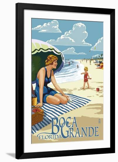 Boca Grande, Florida - Woman and Beach Scene-Lantern Press-Framed Art Print