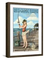 Boca Grande Marina, Florida - Pinup Girl Fishing-Lantern Press-Framed Art Print