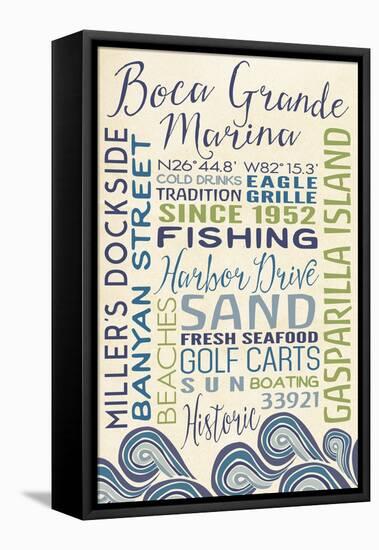 Boca Grande Marina, Florida - Typography with Waves-Lantern Press-Framed Stretched Canvas