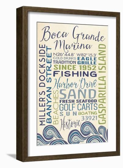 Boca Grande Marina, Florida - Typography with Waves-Lantern Press-Framed Art Print