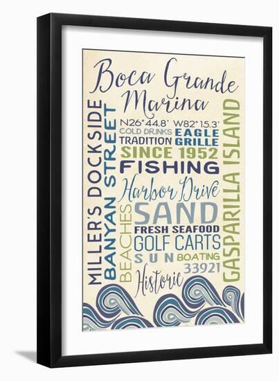 Boca Grande Marina, Florida - Typography with Waves-Lantern Press-Framed Art Print