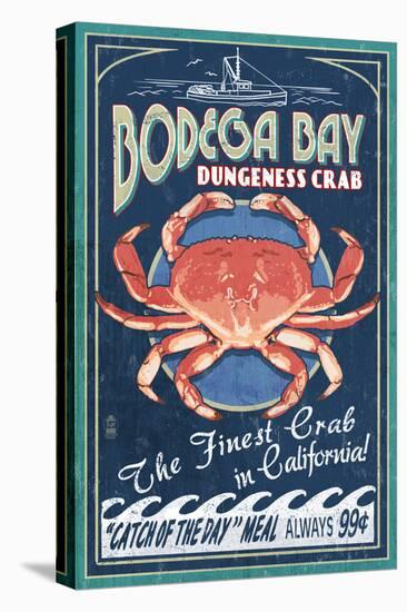 Bodega Bay, California - Dungeness Crab Vintage Sign-Lantern Press-Stretched Canvas