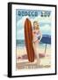 Bodega Bay, California - Surfer Pinup-Lantern Press-Framed Art Print