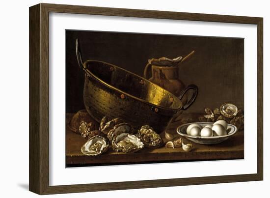 Bodegón con ostras, ajos, huevos, perol y puchero-Luis Egidio Meléndez-Framed Giclee Print