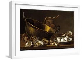 Bodegón con ostras, ajos, huevos, perol y puchero-Luis Egidio Meléndez-Framed Giclee Print