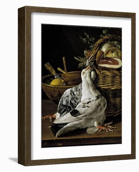 Bodegón con pichones, cesta de comida y cuencos, Late 18th century.-Luis Egidio Meléndez-Framed Giclee Print