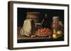 Bodegón con plato de acerolas, frutas, queso, melero y otros recipientes, 1771.-Luis Egidio Meléndez-Framed Giclee Print
