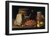 Bodegón con plato de acerolas, frutas, queso, melero y otros recipientes, 1771.-Luis Egidio Meléndez-Framed Giclee Print