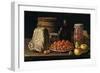 Bodegón con plato de acerolas, frutas, queso, melero y otros recipientes, 1771.-Luis Egidio Meléndez-Framed Giclee Print
