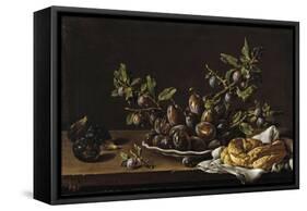 Bodegón con plato de ciruelas, brevas y rosca de pan, Second half 18th century.-Luis Egidio Melendez-Framed Stretched Canvas