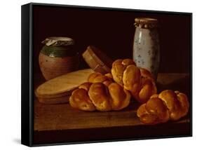 Bodegon with Bread, two Sweet Boxes, a Honey Pot and a Ceramic Jar-Luis Menendez or Melendez-Framed Stretched Canvas