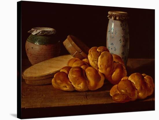 Bodegon with Bread, two Sweet Boxes, a Honey Pot and a Ceramic Jar-Luis Menendez or Melendez-Stretched Canvas