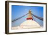 Bodhnath Stupa with Buddha Eyes and Prayer Flags, Clear Blue Sky, Kathmandu, Nepal. Stock Photo:-De Visu-Framed Photographic Print