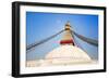 Bodhnath Stupa with Buddha Eyes and Prayer Flags, Clear Blue Sky, Kathmandu, Nepal. Stock Photo:-De Visu-Framed Photographic Print