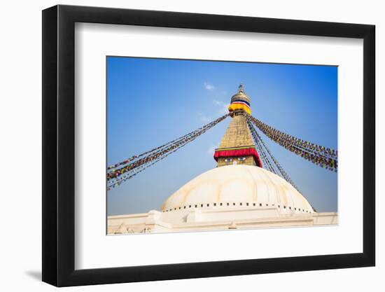 Bodhnath Stupa with Buddha Eyes and Prayer Flags, Clear Blue Sky, Kathmandu, Nepal. Stock Photo:-De Visu-Framed Photographic Print