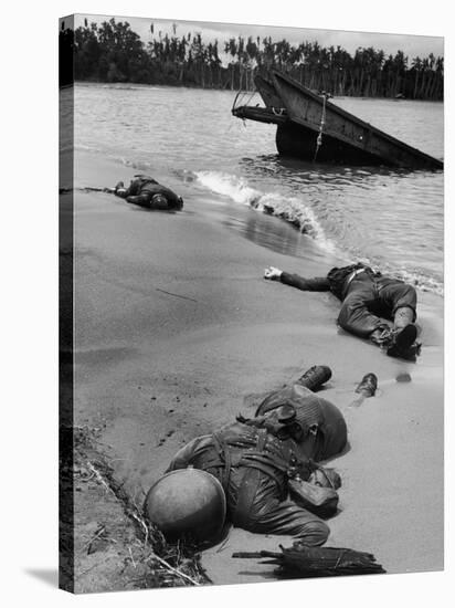 Bodies of Dead American Soldiers Near Half Sunken Landing Craft on Buna Beach-George Strock-Stretched Canvas