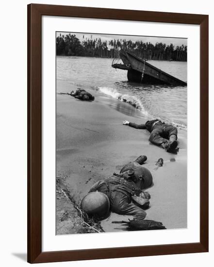 Bodies of Dead American Soldiers Near Half Sunken Landing Craft on Buna Beach-George Strock-Framed Premium Photographic Print