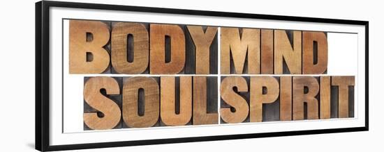 Body, Mind, Soul And Spirit - Vintage Wood Letterpress Printing Block Collage-PixelsAway-Framed Premium Giclee Print