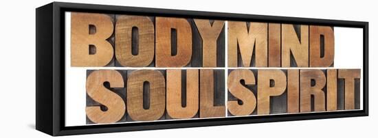 Body, Mind, Soul And Spirit - Vintage Wood Letterpress Printing Block Collage-PixelsAway-Framed Stretched Canvas