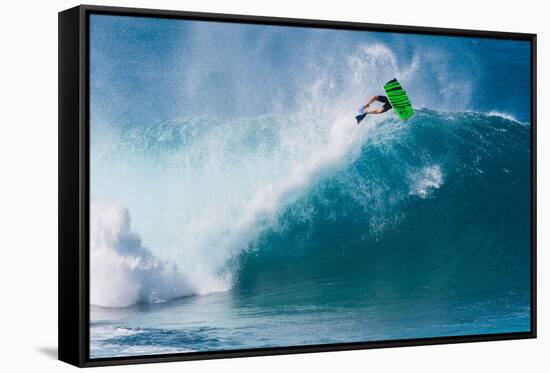 Bodyboarding at Banzai Pipeline, North Shore, Oahu, Hawaii-Mark A Johnson-Framed Stretched Canvas