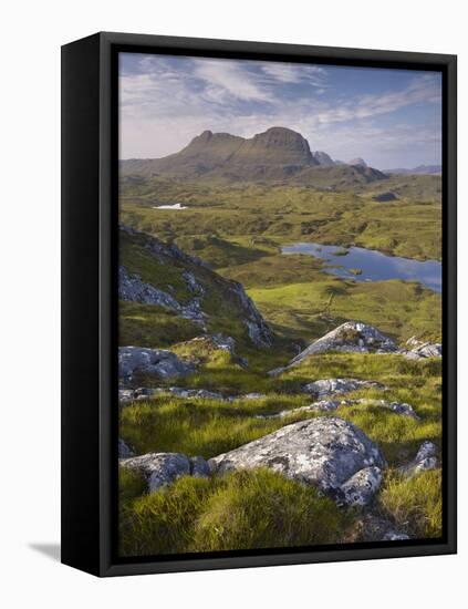 Bog Wetlands with Suilven Mountain at Dawn, Assynt Mountains, Highland, Scotland, UK, June-Joe Cornish-Framed Stretched Canvas