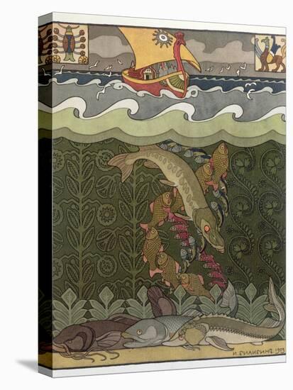 Bogatyr Volga Transforms himself into a Pike, illustration for the Russian Fairy Story, 'The Volga'-Ivan Bilibine-Stretched Canvas