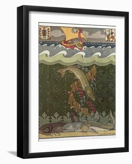 Bogatyr Volga Transforms himself into a Pike, illustration for the Russian Fairy Story, 'The Volga'-Ivan Bilibine-Framed Giclee Print