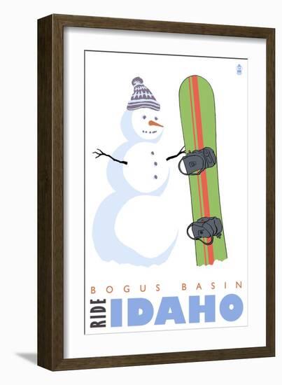 Bogus Basin, Idaho, Snowman with Snowboard-Lantern Press-Framed Art Print