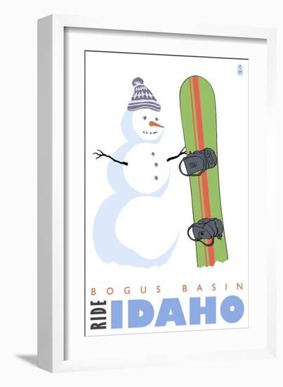 Bogus Basin, Idaho, Snowman with Snowboard-Lantern Press-Framed Art Print