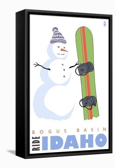 Bogus Basin, Idaho, Snowman with Snowboard-Lantern Press-Framed Stretched Canvas
