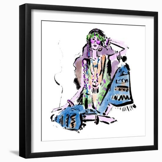 Bohemian Boho Chic 70S Hippie Hand Drawn Fashion Sketch Drawing Black Outline Girl Woman Long Curly-Illustration_pk-Framed Art Print