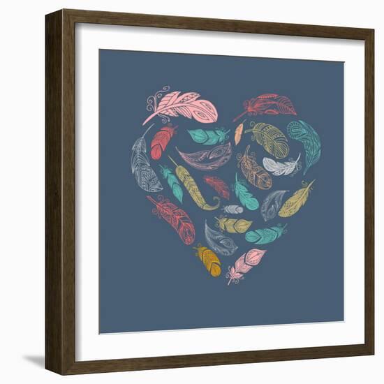 Bohemian Style Poster with Gypsy Colorful Feathers, Arranged in Heart-Marish-Framed Art Print