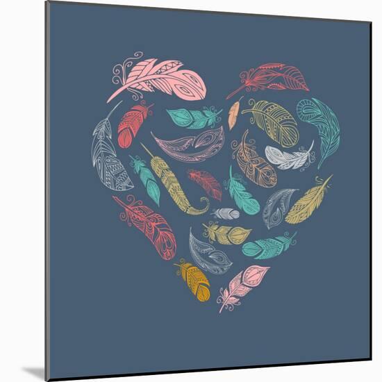 Bohemian Style Poster with Gypsy Colorful Feathers, Arranged in Heart-Marish-Mounted Art Print