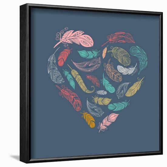 Bohemian Style Poster with Gypsy Colorful Feathers, Arranged in Heart-Marish-Framed Art Print