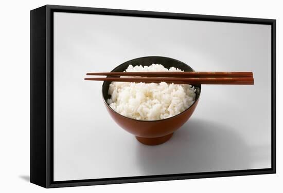 Boiled Basmati Rice in a Red Bowl with Chopsticks-Peter Rees-Framed Stretched Canvas