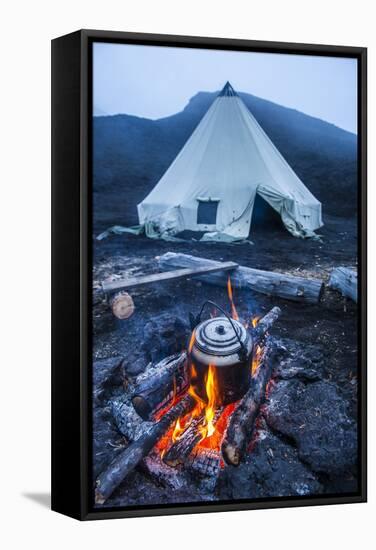 Boiling Water Pot over an Open Fire on a Campsite and Tipi on Tolbachik Volcano-Michael-Framed Stretched Canvas