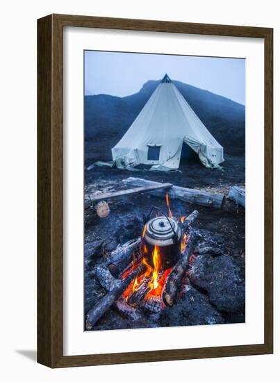 Boiling Water Pot over an Open Fire on a Campsite and Tipi on Tolbachik Volcano-Michael-Framed Photographic Print