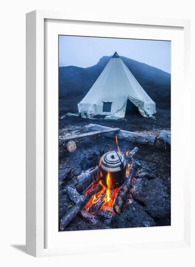 Boiling Water Pot over an Open Fire on a Campsite and Tipi on Tolbachik Volcano-Michael-Framed Photographic Print