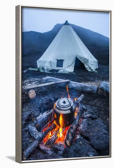 Boiling Water Pot over an Open Fire on a Campsite and Tipi on Tolbachik Volcano-Michael-Framed Photographic Print