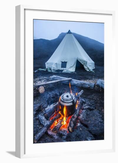 Boiling Water Pot over an Open Fire on a Campsite and Tipi on Tolbachik Volcano-Michael-Framed Photographic Print