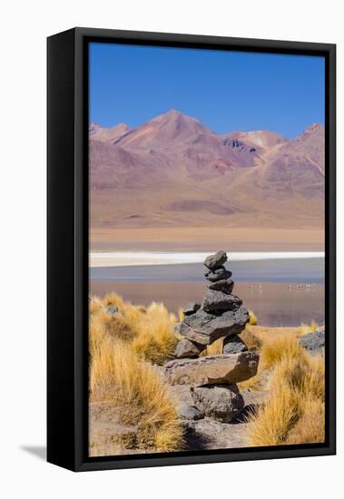 Bolivia, Antiplano - Canapa Lake - Cairn (Quechuan Shrine to the Indigenous Inca Goddess Pachamama)-Elzbieta Sekowska-Framed Stretched Canvas