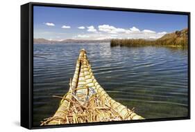 Bolivia, Lake Titicaca, Reed Boat of Uros Floating Reed Islands of Lake Titicaca-Kymri Wilt-Framed Stretched Canvas