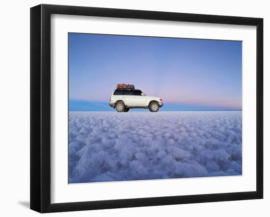 Bolivia, Potosi Department, Daniel Campos Province, White Toyota Landcruiser on the Salar de Uyuni,-Karol Kozlowski-Framed Photographic Print