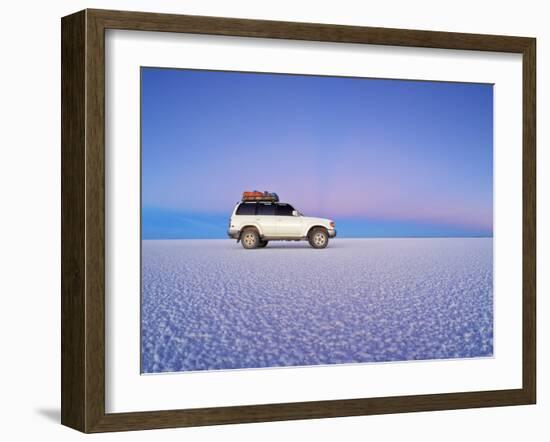 Bolivia, Potosi Department, Daniel Campos Province, White Toyota Landcruiser on the Salar de Uyuni,-Karol Kozlowski-Framed Photographic Print