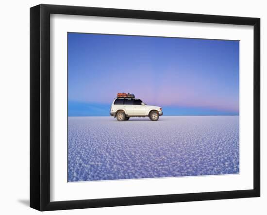 Bolivia, Potosi Department, Daniel Campos Province, White Toyota Landcruiser on the Salar de Uyuni,-Karol Kozlowski-Framed Photographic Print