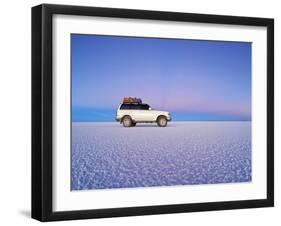 Bolivia, Potosi Department, Daniel Campos Province, White Toyota Landcruiser on the Salar de Uyuni,-Karol Kozlowski-Framed Photographic Print