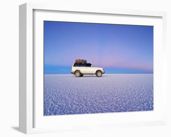 Bolivia, Potosi Department, Daniel Campos Province, White Toyota Landcruiser on the Salar de Uyuni,-Karol Kozlowski-Framed Photographic Print