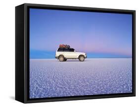 Bolivia, Potosi Department, Daniel Campos Province, White Toyota Landcruiser on the Salar de Uyuni,-Karol Kozlowski-Framed Stretched Canvas