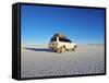 Bolivia, Potosi Department, Daniel Campos Province, White Toyota Landcruiser on the Salar de Uyuni,-Karol Kozlowski-Framed Stretched Canvas